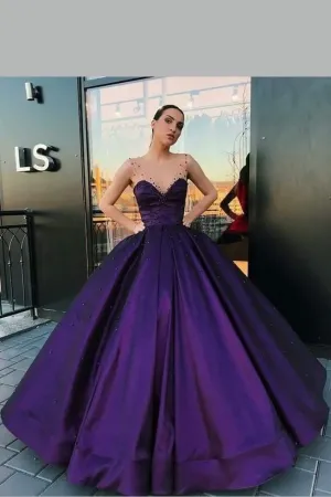 Purple Satin Ball Gown Dinner Party Dress with Illusion Straps