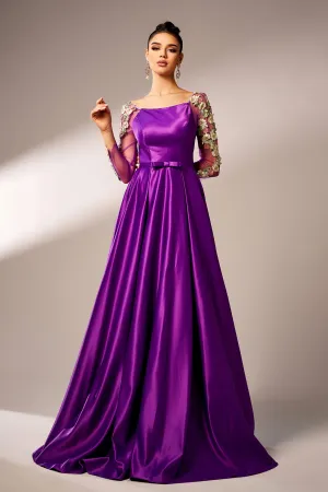 Purple Square Neck Full Sleeves Satin Evening Dress