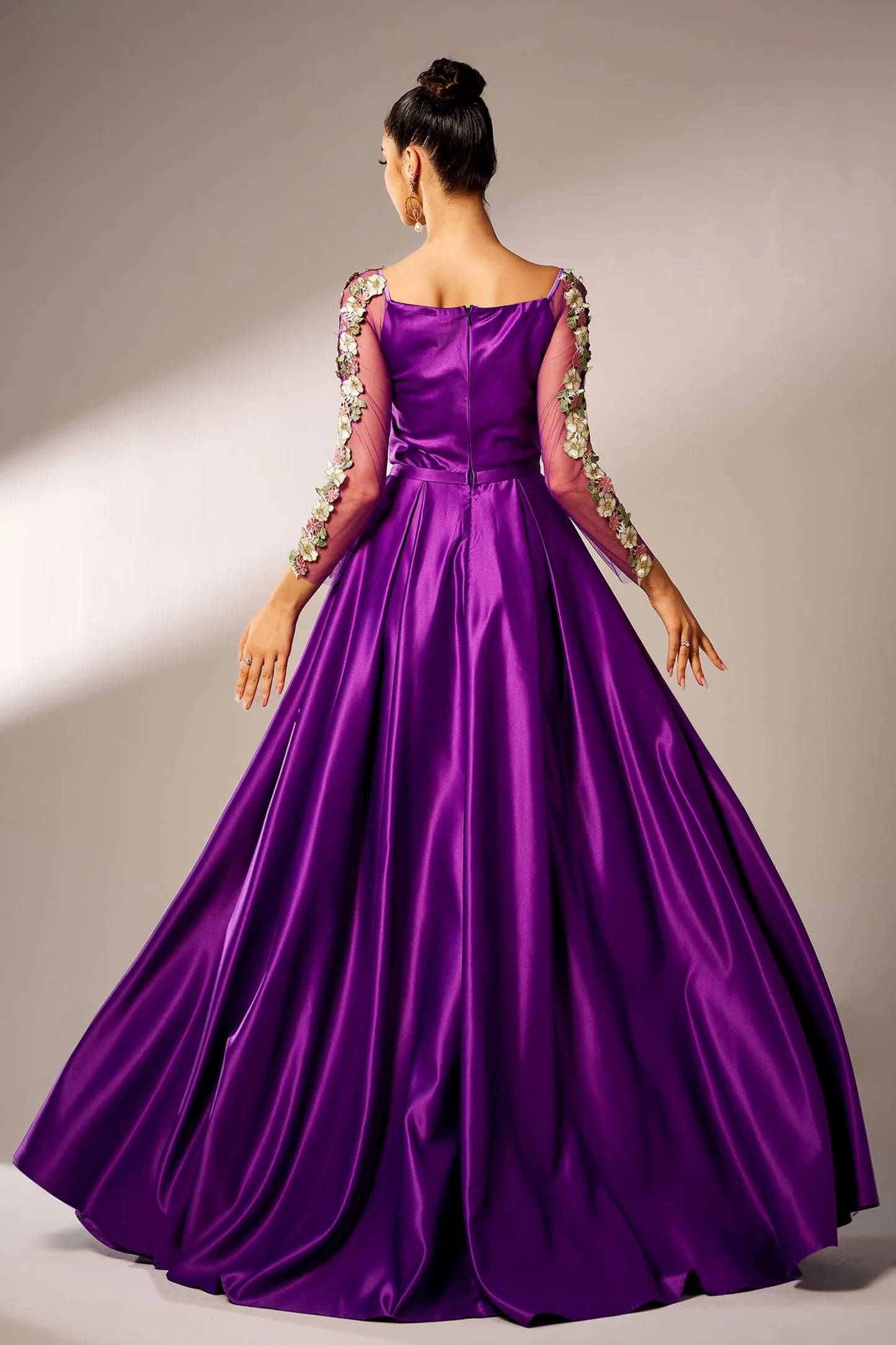 Purple Square Neck Full Sleeves Satin Evening Dress