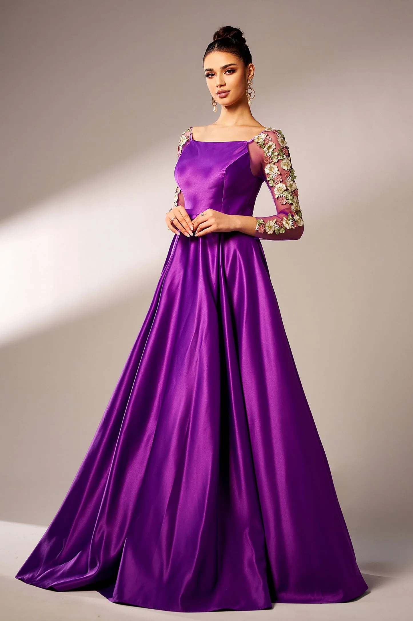 Purple Square Neck Full Sleeves Satin Evening Dress