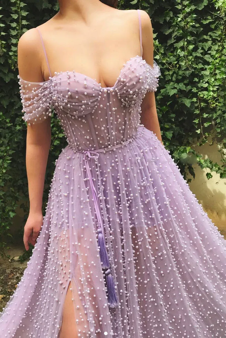 Purple sweetheart off shoulder tulle beads long prom dress