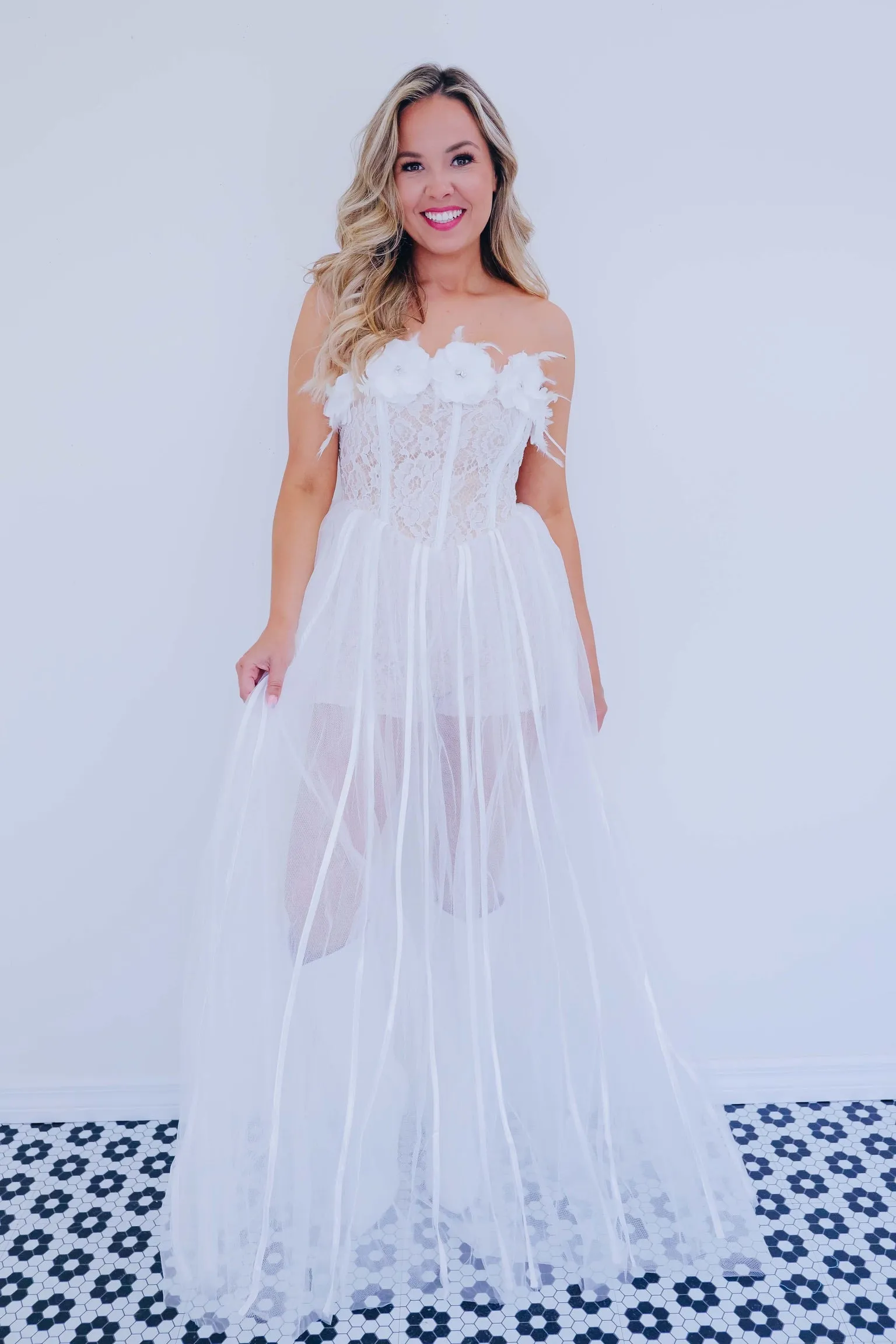 Radiantly Romantic Feather Trim Tulle Romper