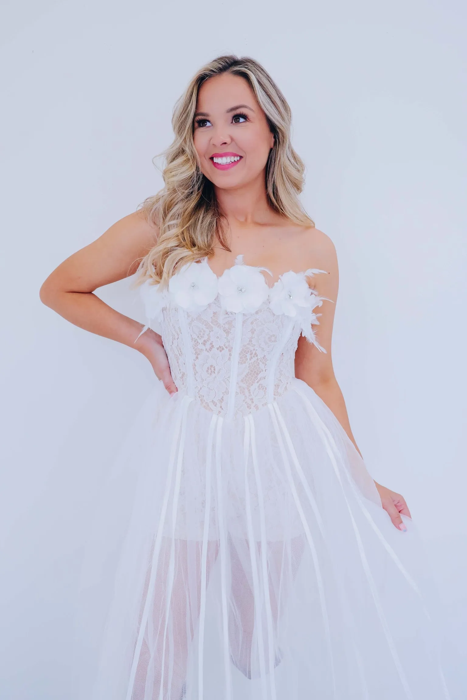 Radiantly Romantic Feather Trim Tulle Romper