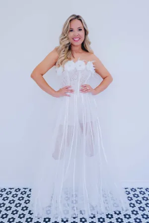 Radiantly Romantic Feather Trim Tulle Romper