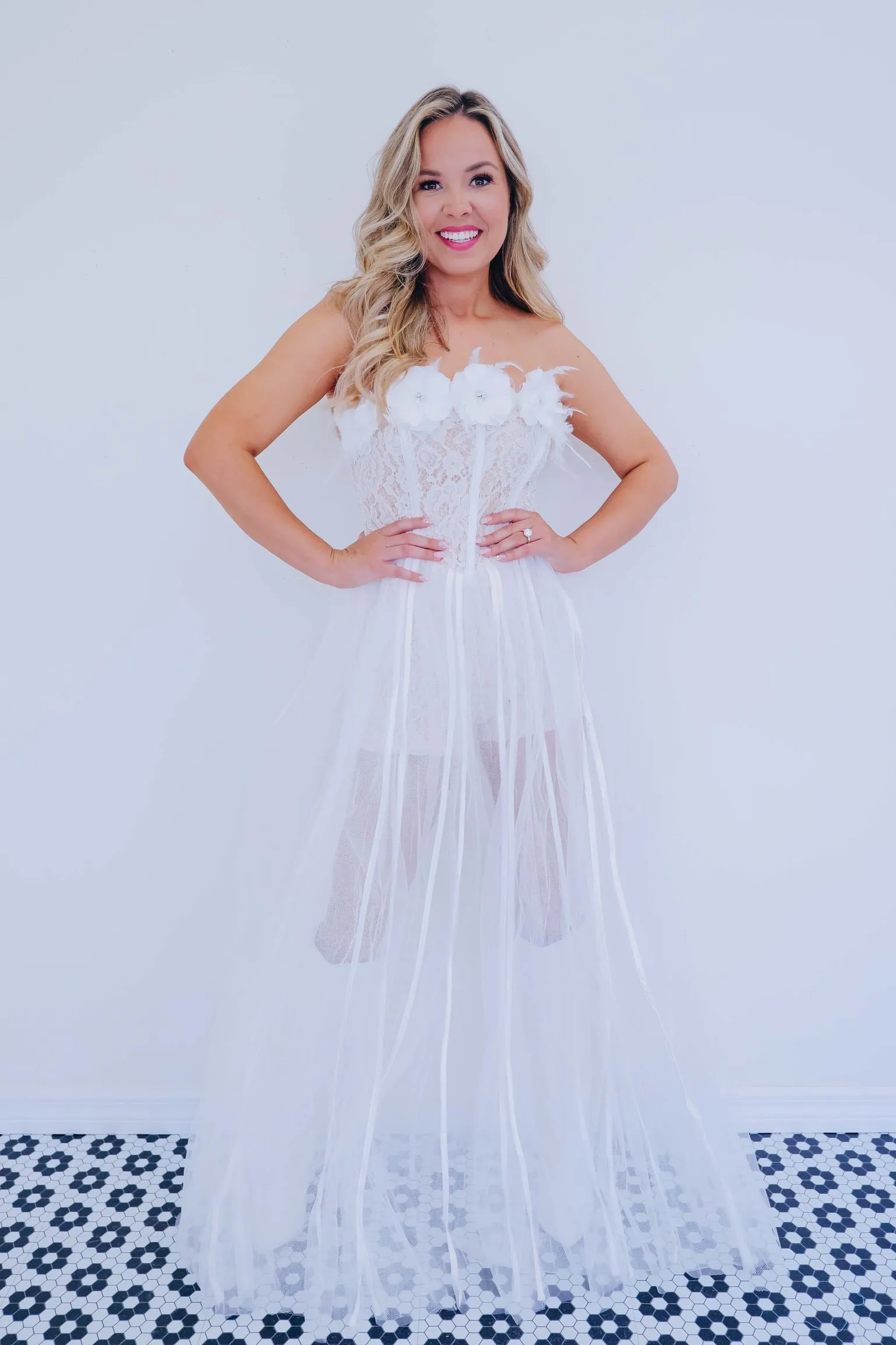 Radiantly Romantic Feather Trim Tulle Romper