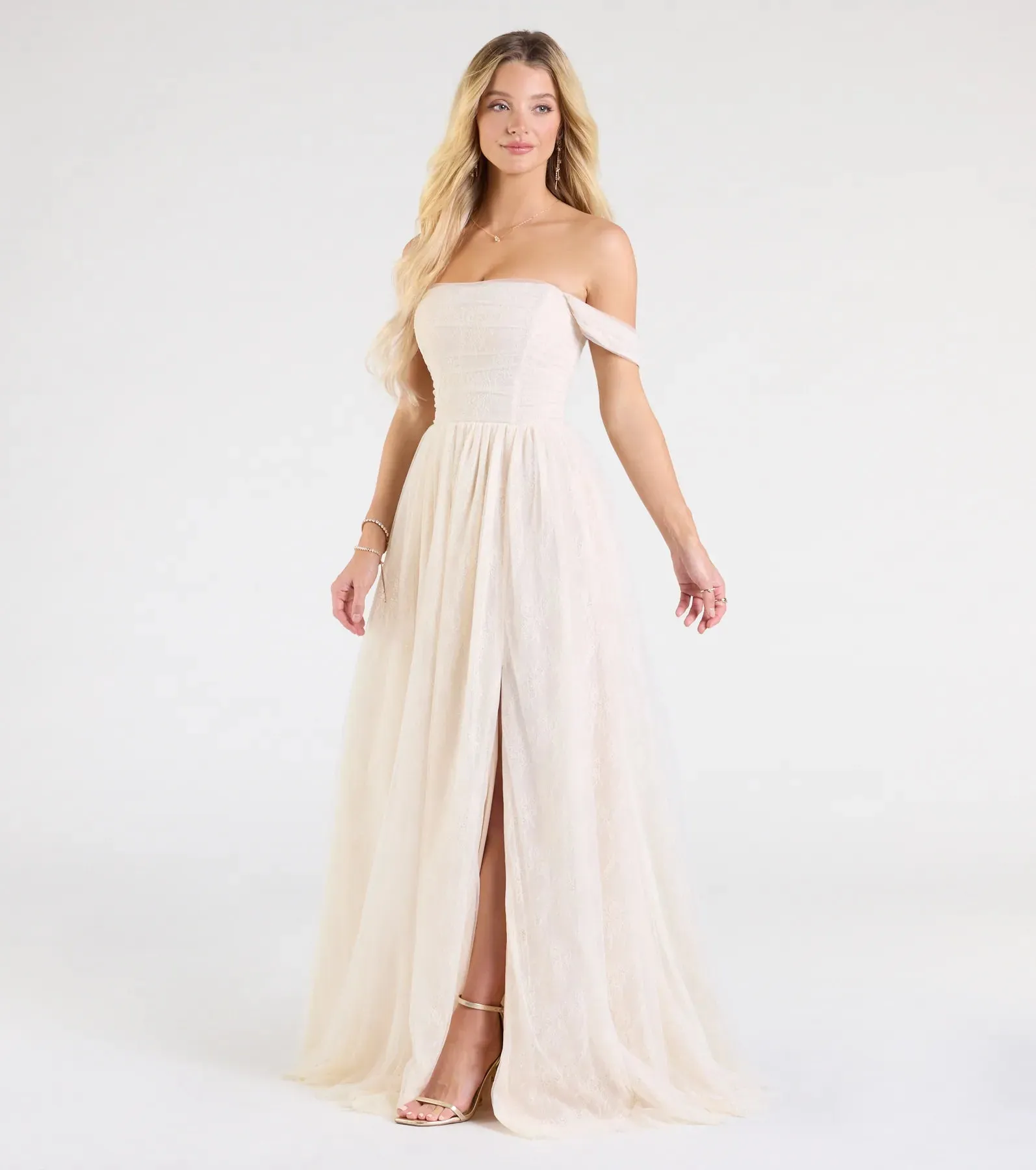 Raelynn Off-The-Shoulder A-Line Lace Ball Gown