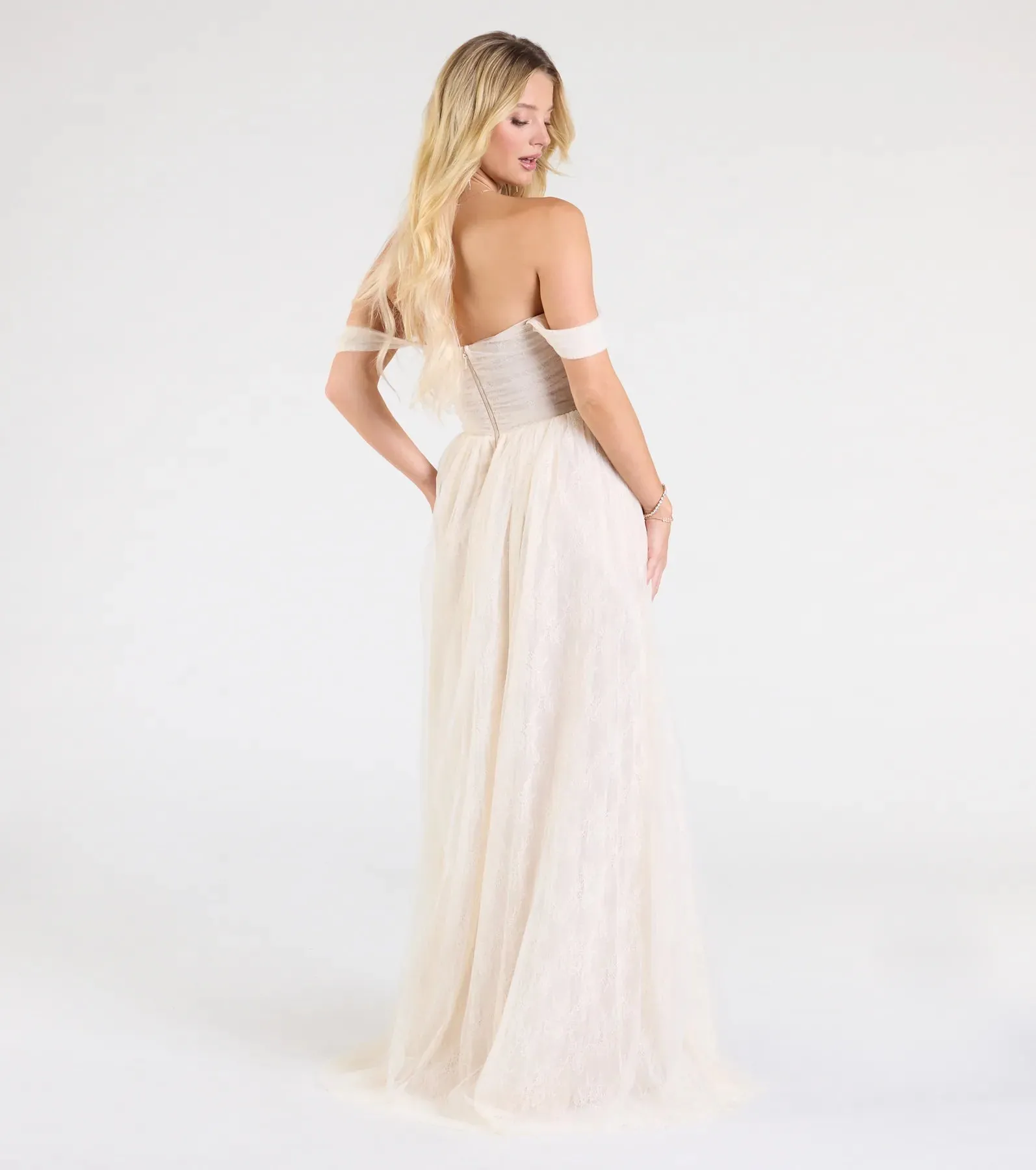 Raelynn Off-The-Shoulder A-Line Lace Ball Gown