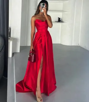 Red A Line Evening Dresses Sexy Side Prom Dress Sweetheart Long Celebrity Formal Occasion Party Gowns Gala Dress