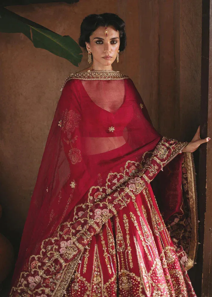 Red Maroon Lehenga Choli with Green Dupatta