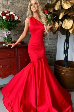 Red Mermaid Long Prom Gown One Shoulder Neckline