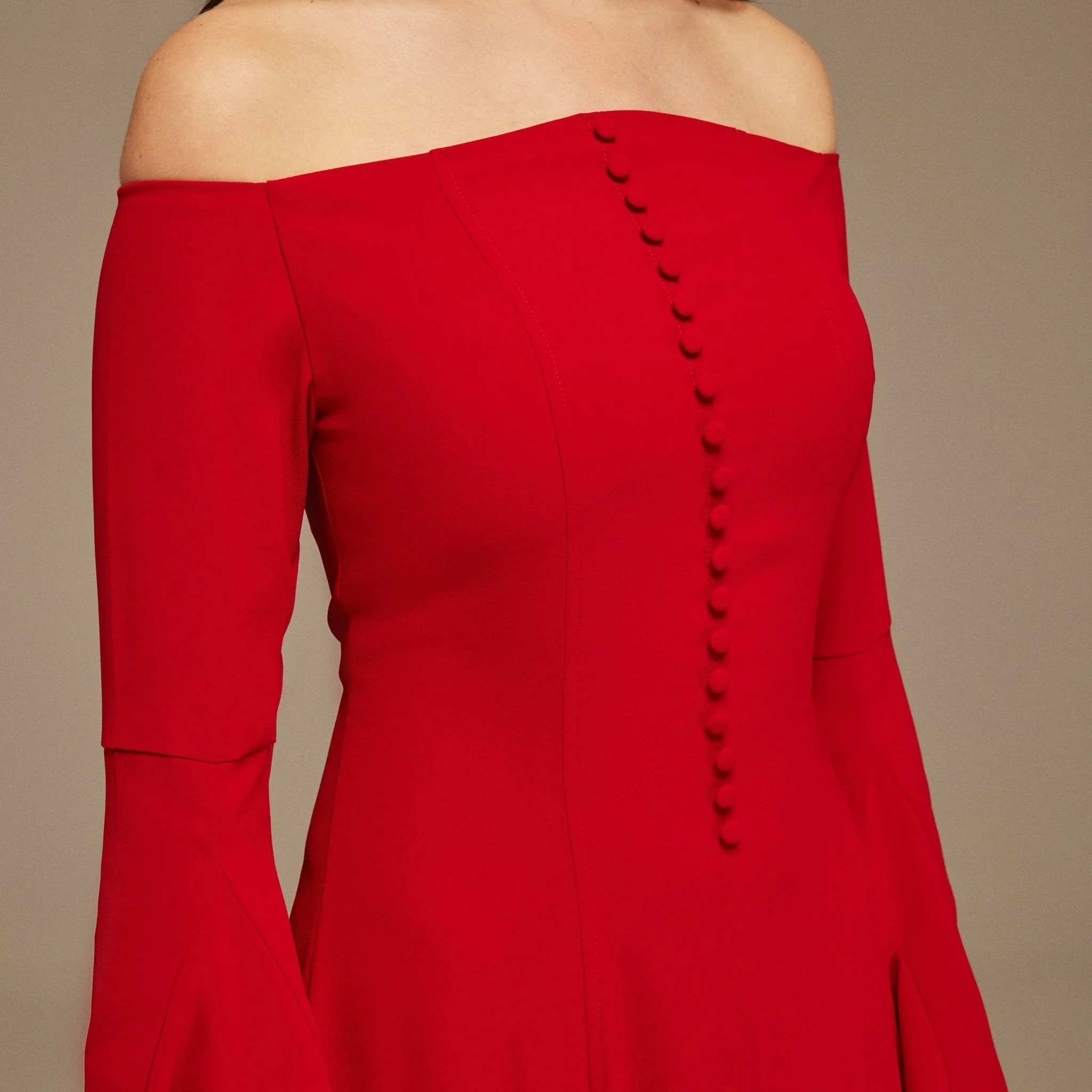 Red Off-Shoulder Aline Midi Crepe Dress