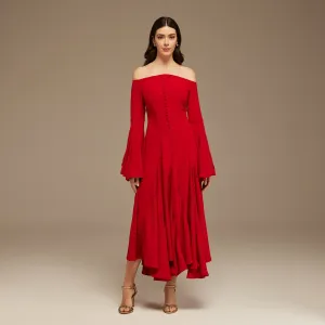 Red Off-Shoulder Aline Midi Crepe Dress