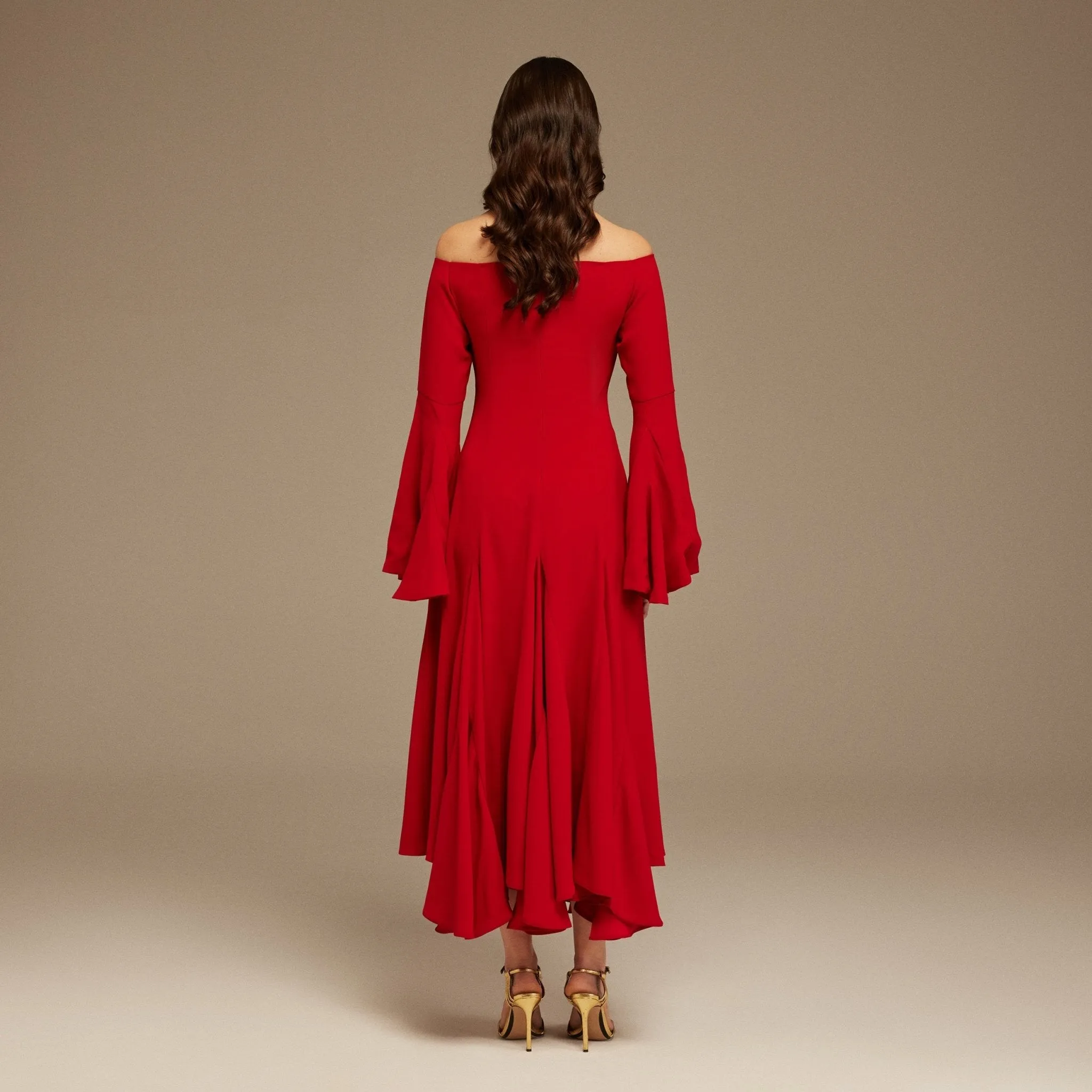 Red Off-Shoulder Aline Midi Crepe Dress