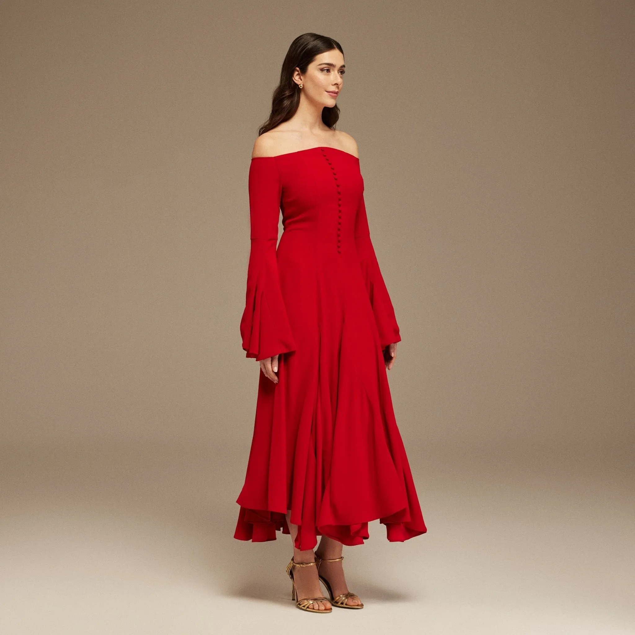 Red Off-Shoulder Aline Midi Crepe Dress