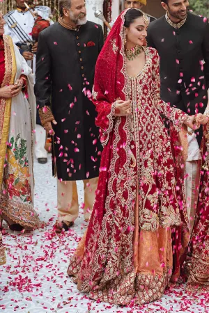 Red Pakistani Bridal Dress in Open  G Lehenga Style