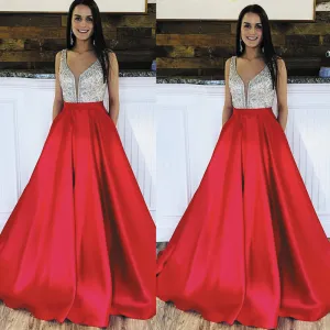 red prom dresses with pockets vestido de festa de Longo beaded satin elegant sleeveless prom gowns