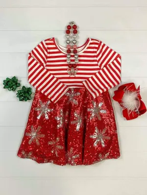 Red Stripe   Sequin Snowflake Dress
