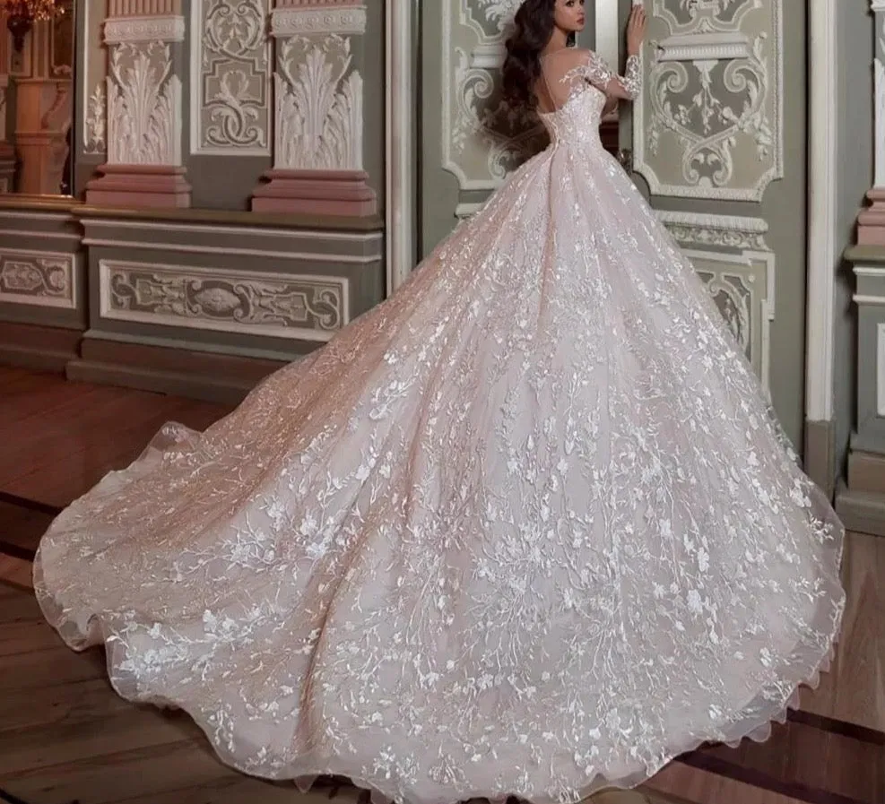 Robe De Mariee Princesse De Luxe Shiny Beading Crystal Waist Luxury Lace Ball Gown Wedding Dresses