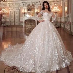 Robe De Mariee Princesse De Luxe Shiny Beading Crystal Waist Luxury Lace Ball Gown Wedding Dresses