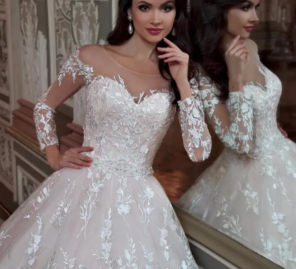 Robe De Mariee Princesse De Luxe Shiny Beading Crystal Waist Luxury Lace Ball Gown Wedding Dresses