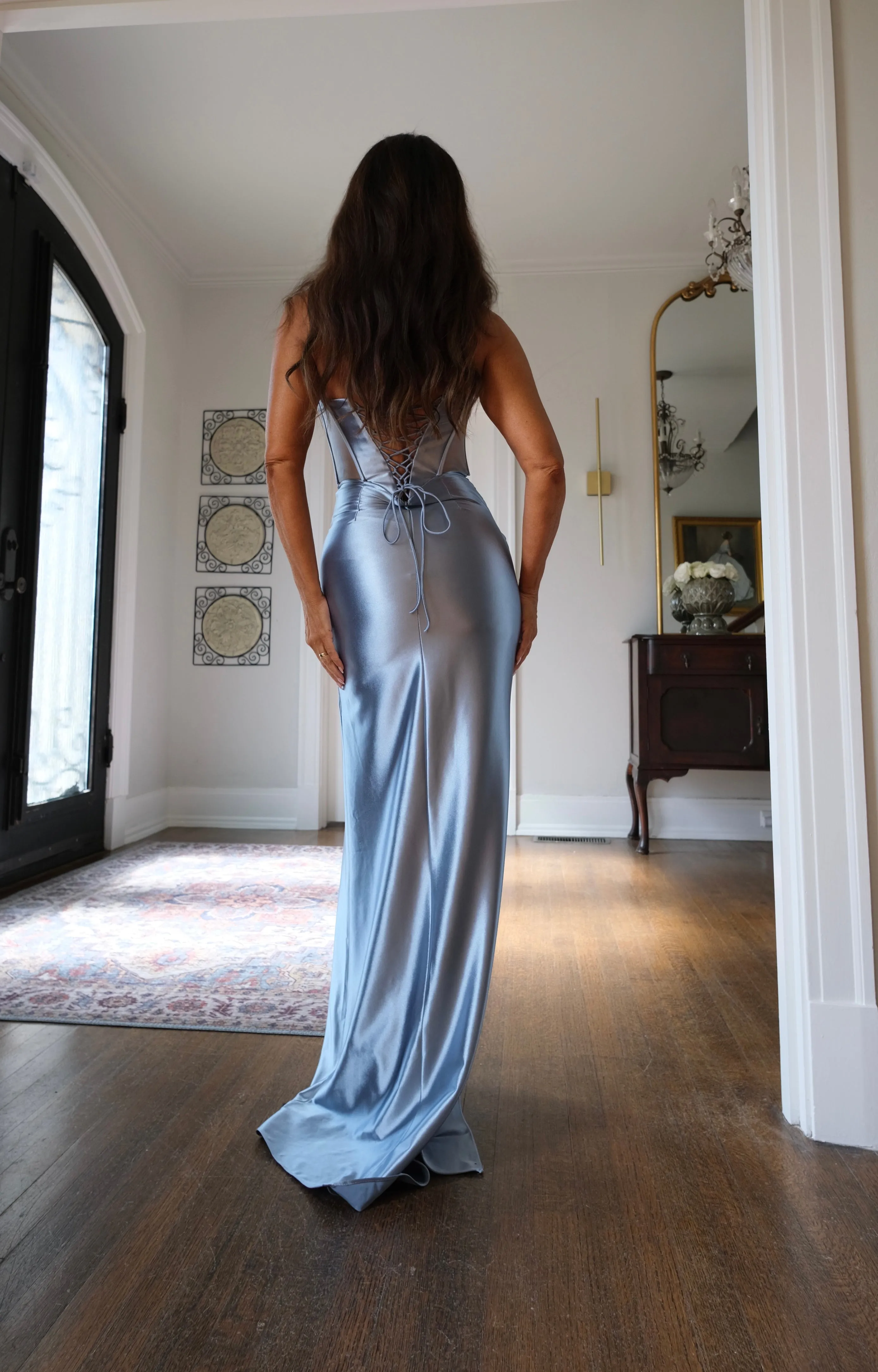 Robyn  dusty blue mesh corset formal with slit