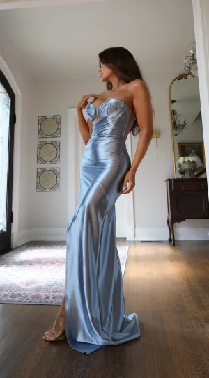 Robyn  dusty blue mesh corset formal with slit