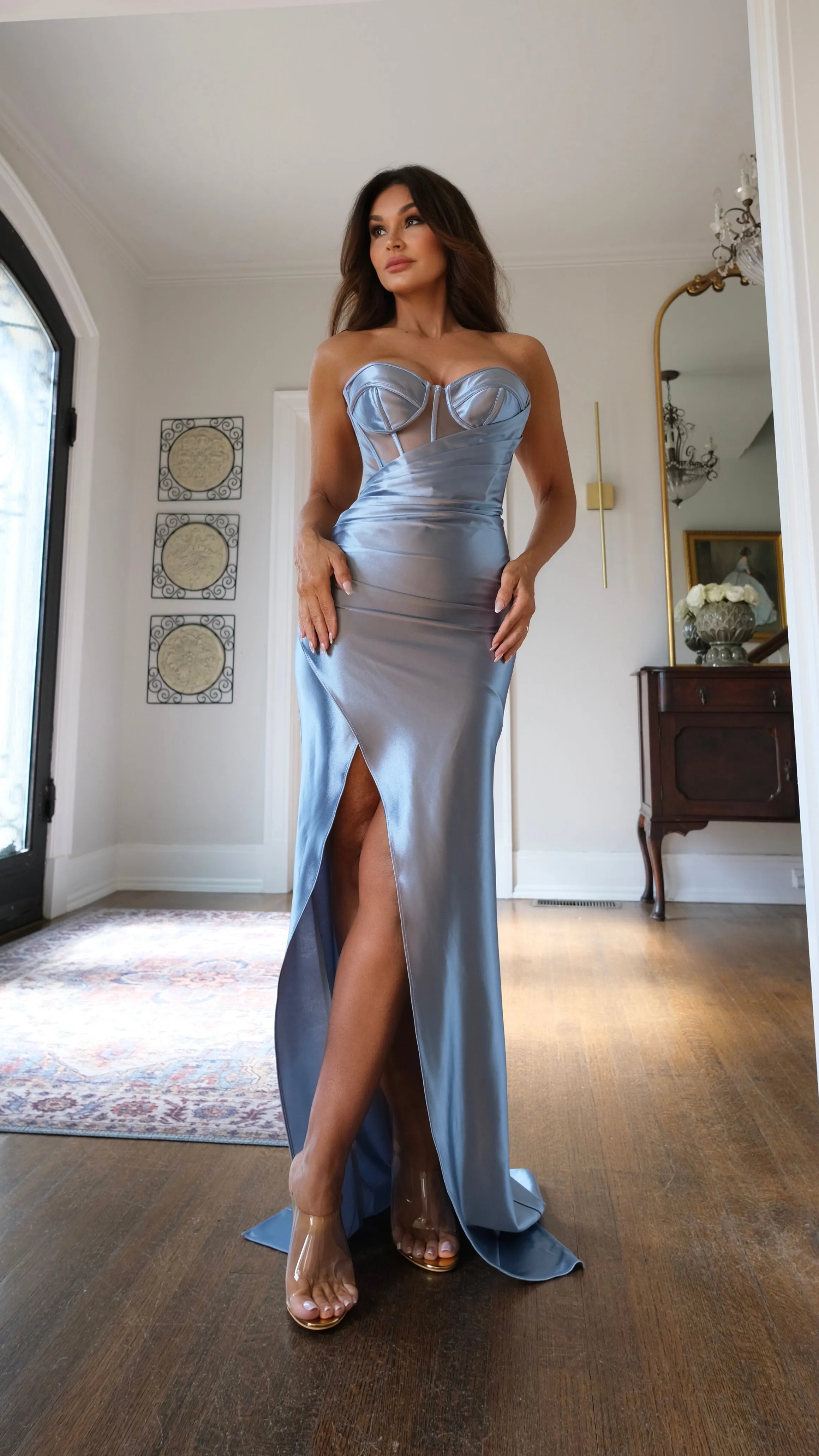 Robyn  dusty blue mesh corset formal with slit