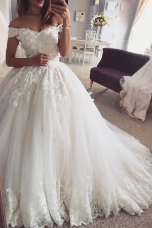 Romantic Lace Flowers Bridal Dress Gown with Off-the-shoulder