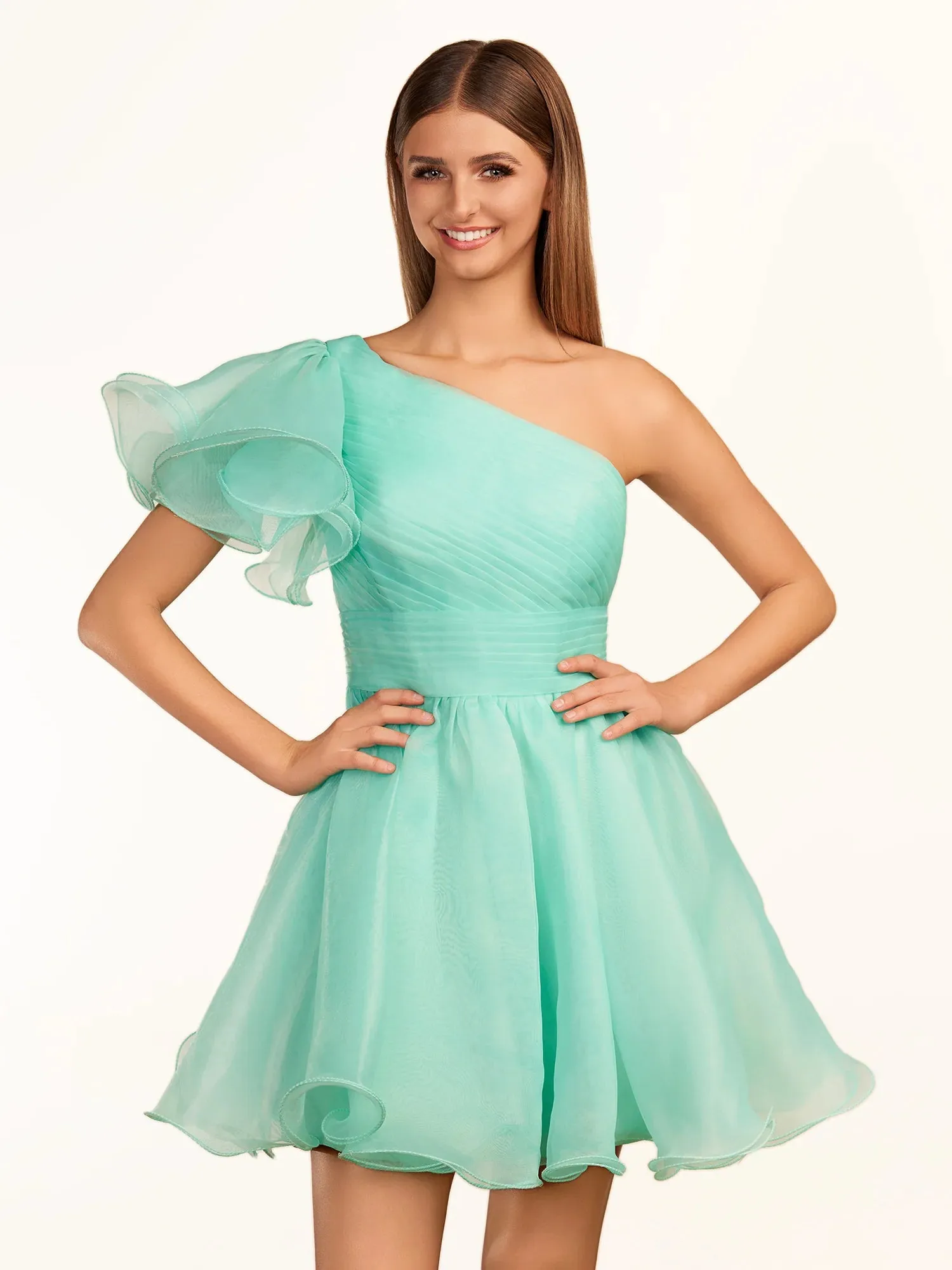 Rose | Ivory A-line One Shoulder Organza Ruffled Homecoming Dress