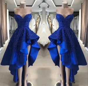 royal blue high low prom dresses lace applique beaded satin modest prom gown vestidos de fiesta