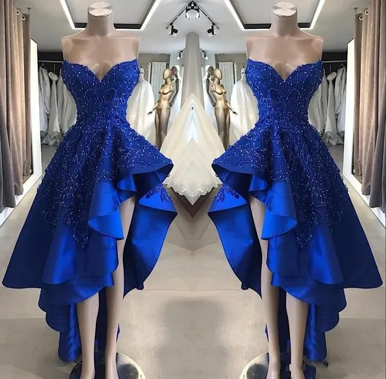 royal blue high low prom dresses lace applique beaded satin modest prom gown vestidos de fiesta