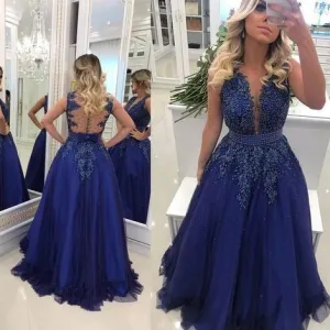 royal blue prom dresses long beaded sleeveless lace appliqué elegant prom gowns vestido de festa de noche
