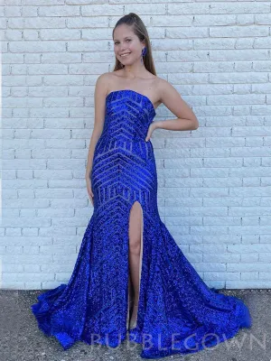 Royal Blue Sequin Sparkly Mermaid Strapless Long Evening Prom Dresses, MR8009