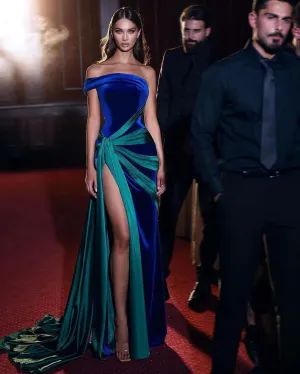 Royal Blue Velvet Teal Satin Evening Dresses Mermaid One Shoulder Prom Dress Side Slit Long Arabia Formal Party Gowns