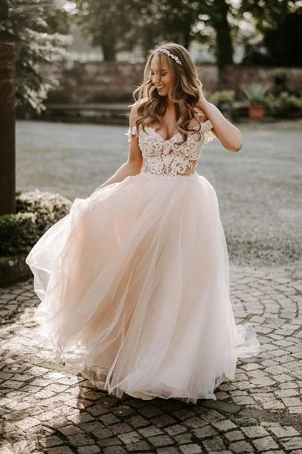 Roycebridal Bohemian Tulle Lace A-line Off-the-Shoulder Beach Wedding Dresses, MW561