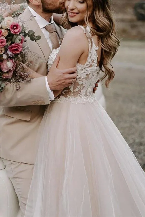 Roycebridal Bohemian Tulle Lace A-line Off-the-Shoulder Beach Wedding Dresses, MW561