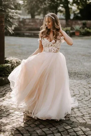 Roycebridal Bohemian Tulle Lace A-line Off-the-Shoulder Beach Wedding Dresses, MW561