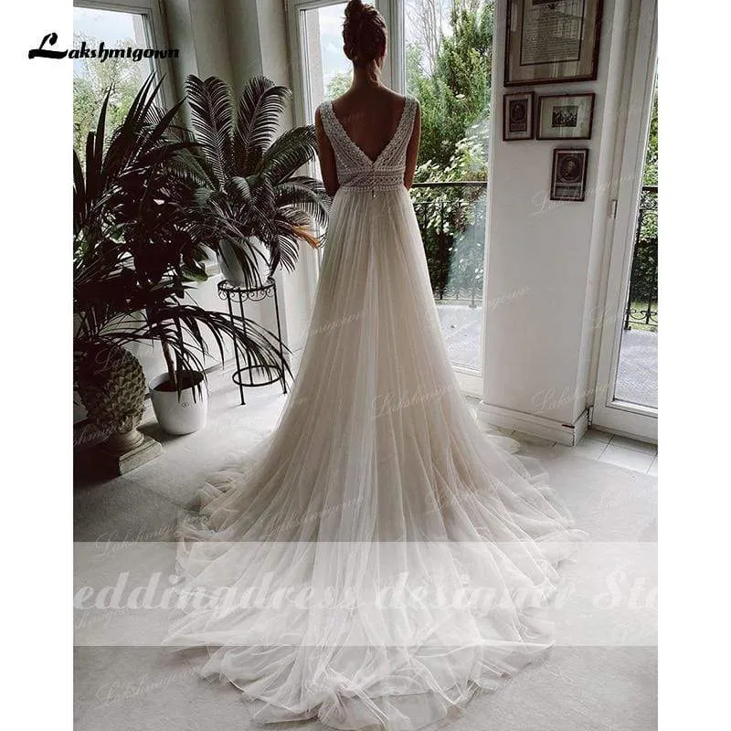 Roycebridal Boho Wedding Dresses 2024 V Neck Beach Lace Bridal Wedding Gowns Elegant Tulle A Line Bridal Dress