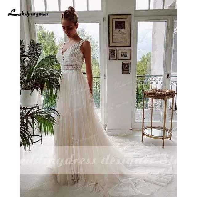 Roycebridal Boho Wedding Dresses 2024 V Neck Beach Lace Bridal Wedding Gowns Elegant Tulle A Line Bridal Dress