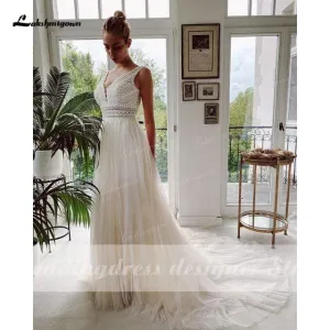 Roycebridal Boho Wedding Dresses 2024 V Neck Beach Lace Bridal Wedding Gowns Elegant Tulle A Line Bridal Dress