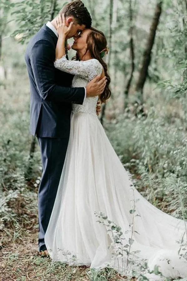 Roycebridal Ivory 3/4 Sleeves Lace Top Backless Wedding Dresses, Bridal Gowns, MW555