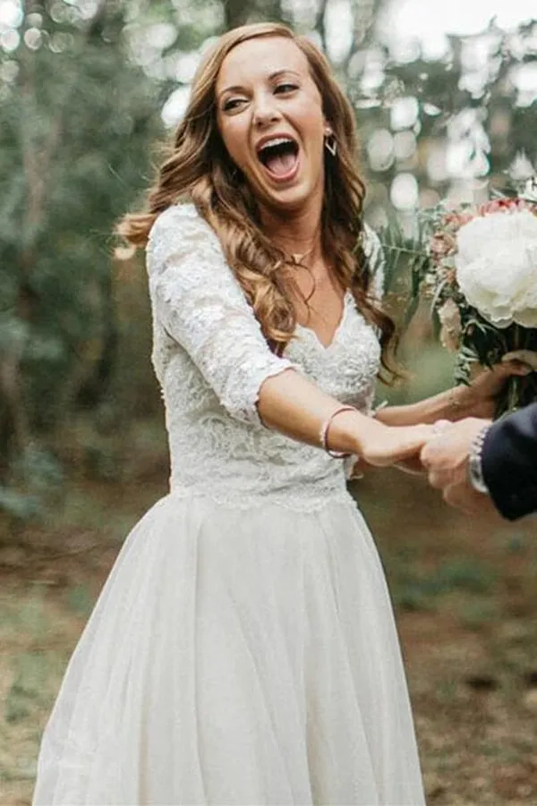 Roycebridal Ivory 3/4 Sleeves Lace Top Backless Wedding Dresses, Bridal Gowns, MW555