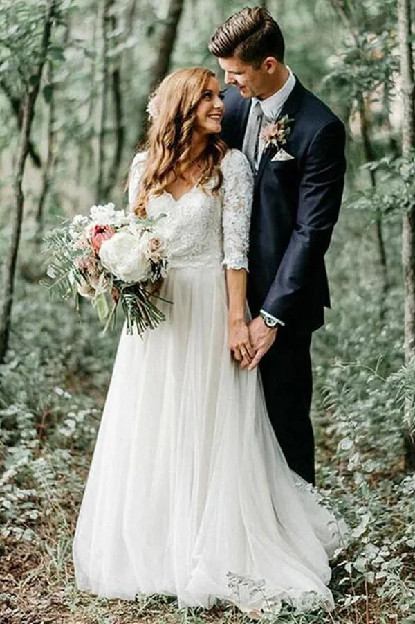 Roycebridal Ivory 3/4 Sleeves Lace Top Backless Wedding Dresses, Bridal Gowns, MW555