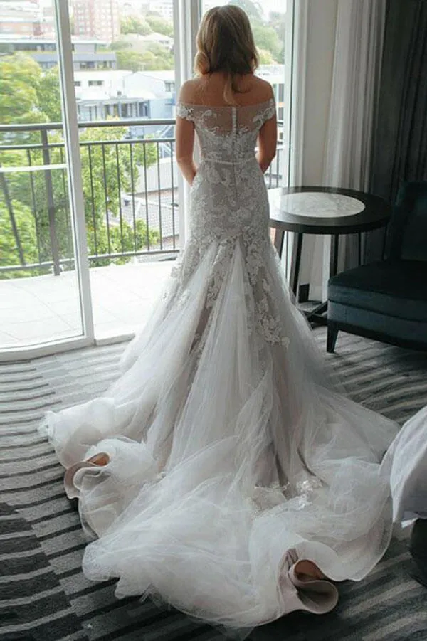 Roycebridal Ivory Lace Mermaid Off-the-Shoulder Illusion Neckline Wedding Dresses, MW541