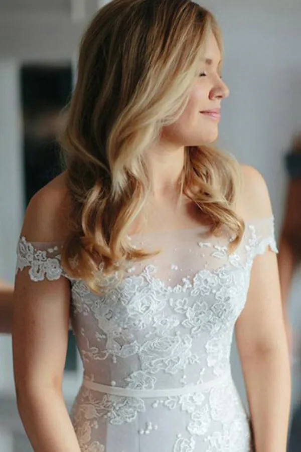 Roycebridal Ivory Lace Mermaid Off-the-Shoulder Illusion Neckline Wedding Dresses, MW541