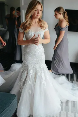 Roycebridal Ivory Lace Mermaid Off-the-Shoulder Illusion Neckline Wedding Dresses, MW541
