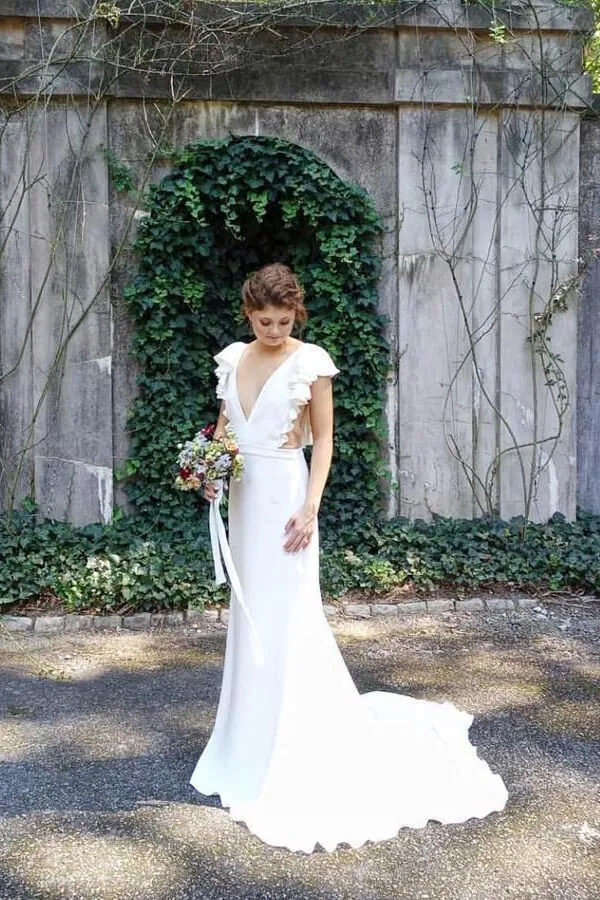 Roycebridal Mermaid Cap Sleeves V-neck Wedding Dresses with Ruffles, Bridal Gown, MW614
