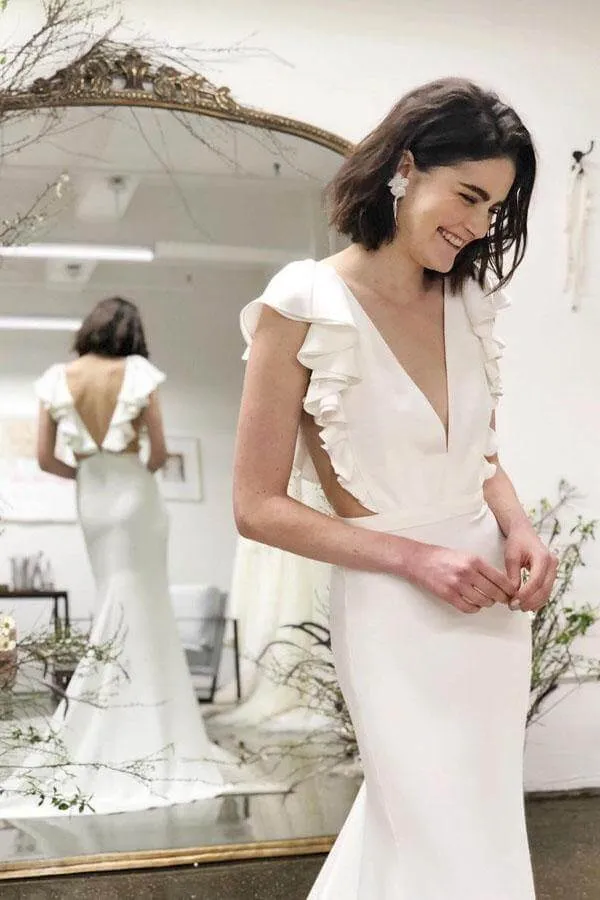 Roycebridal Mermaid Cap Sleeves V-neck Wedding Dresses with Ruffles, Bridal Gown, MW614