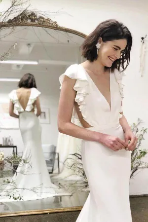 Roycebridal Mermaid Cap Sleeves V-neck Wedding Dresses with Ruffles, Bridal Gown, MW614