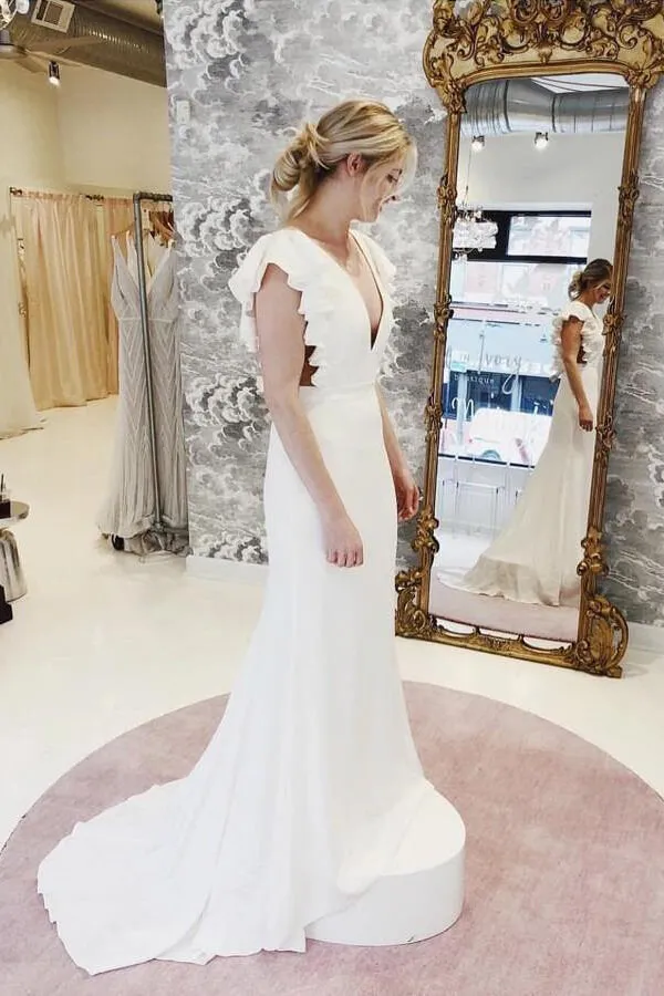 Roycebridal Mermaid Cap Sleeves V-neck Wedding Dresses with Ruffles, Bridal Gown, MW614